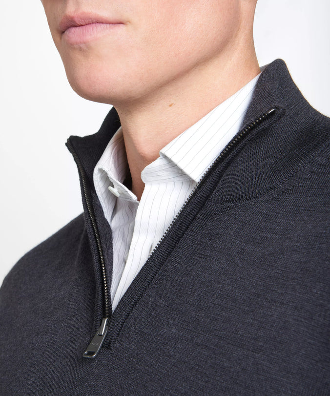 Grey Merino Wool Zip Neck Sweater