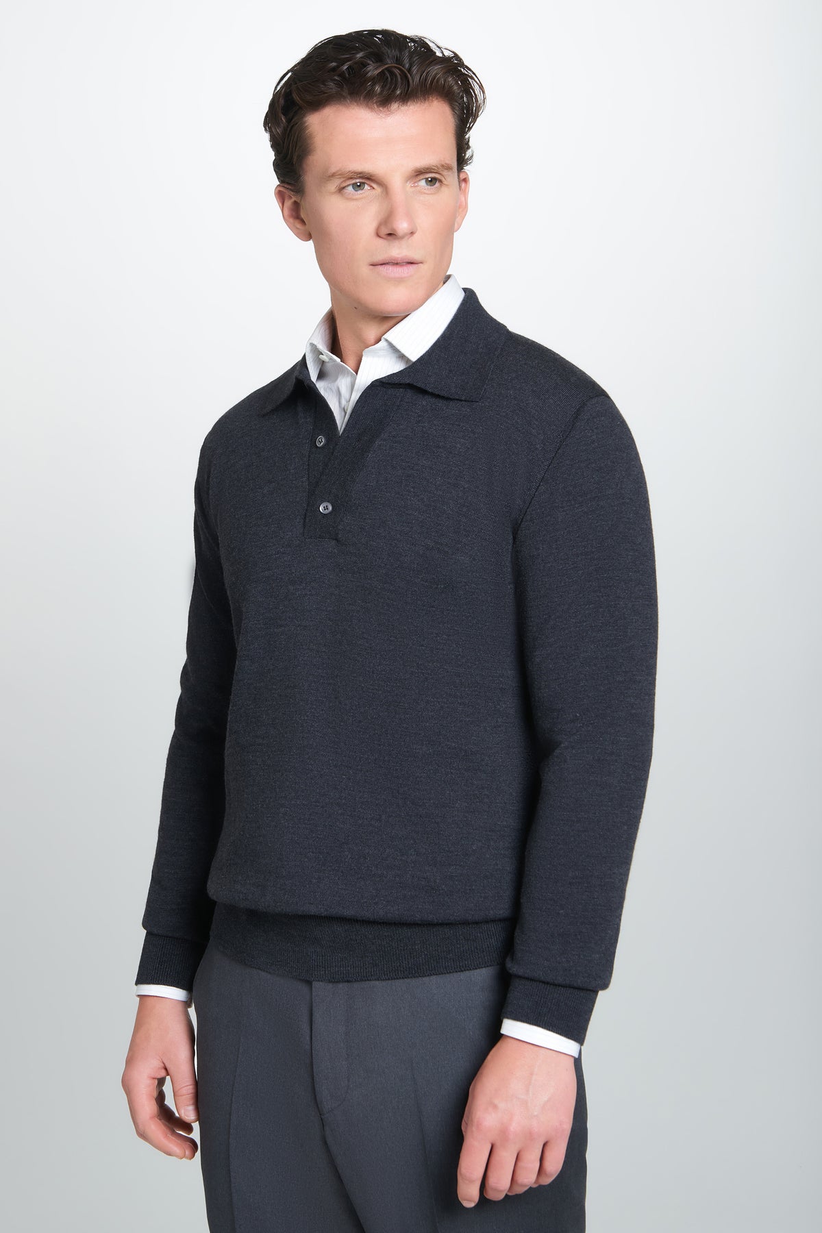 Grey Merino Wool Long Sleeve Polo Shirt