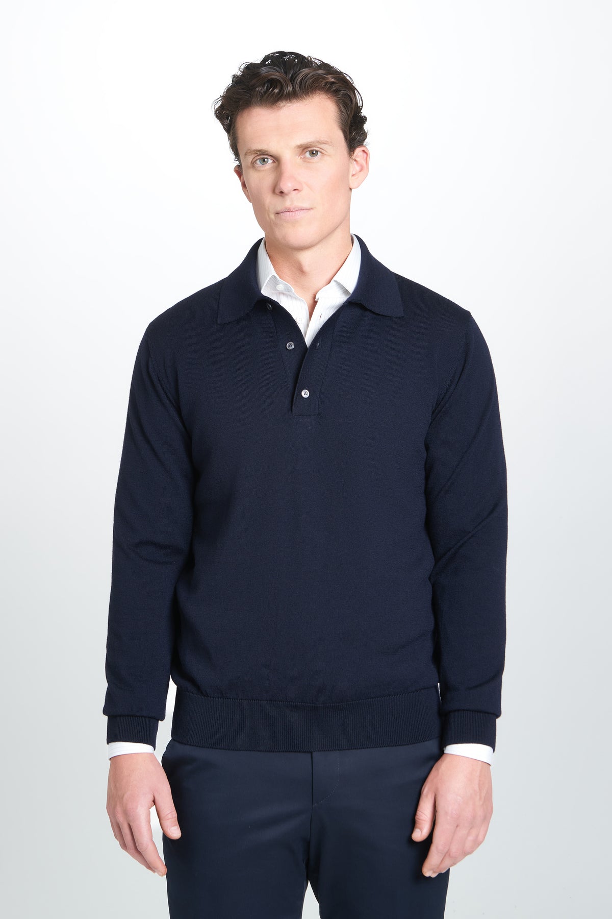 Navy Merino Wool Long Sleeve Polo Shirt