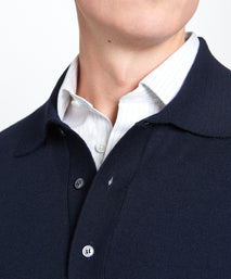 Navy Merino Wool Long Sleeve Polo Shirt