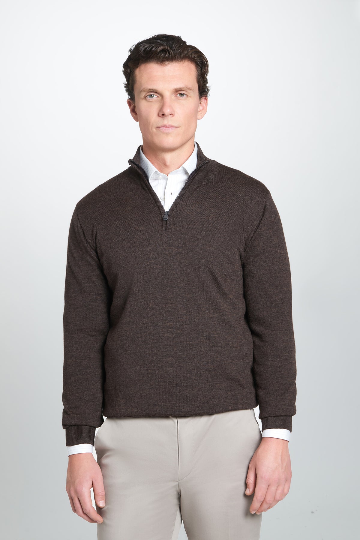 Chocolate Merino Wool Zip Neck Sweater