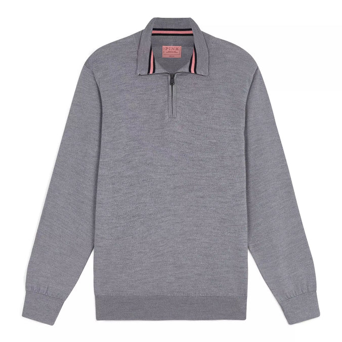 Pale Grey Merino Wool Zip Neck Sweater