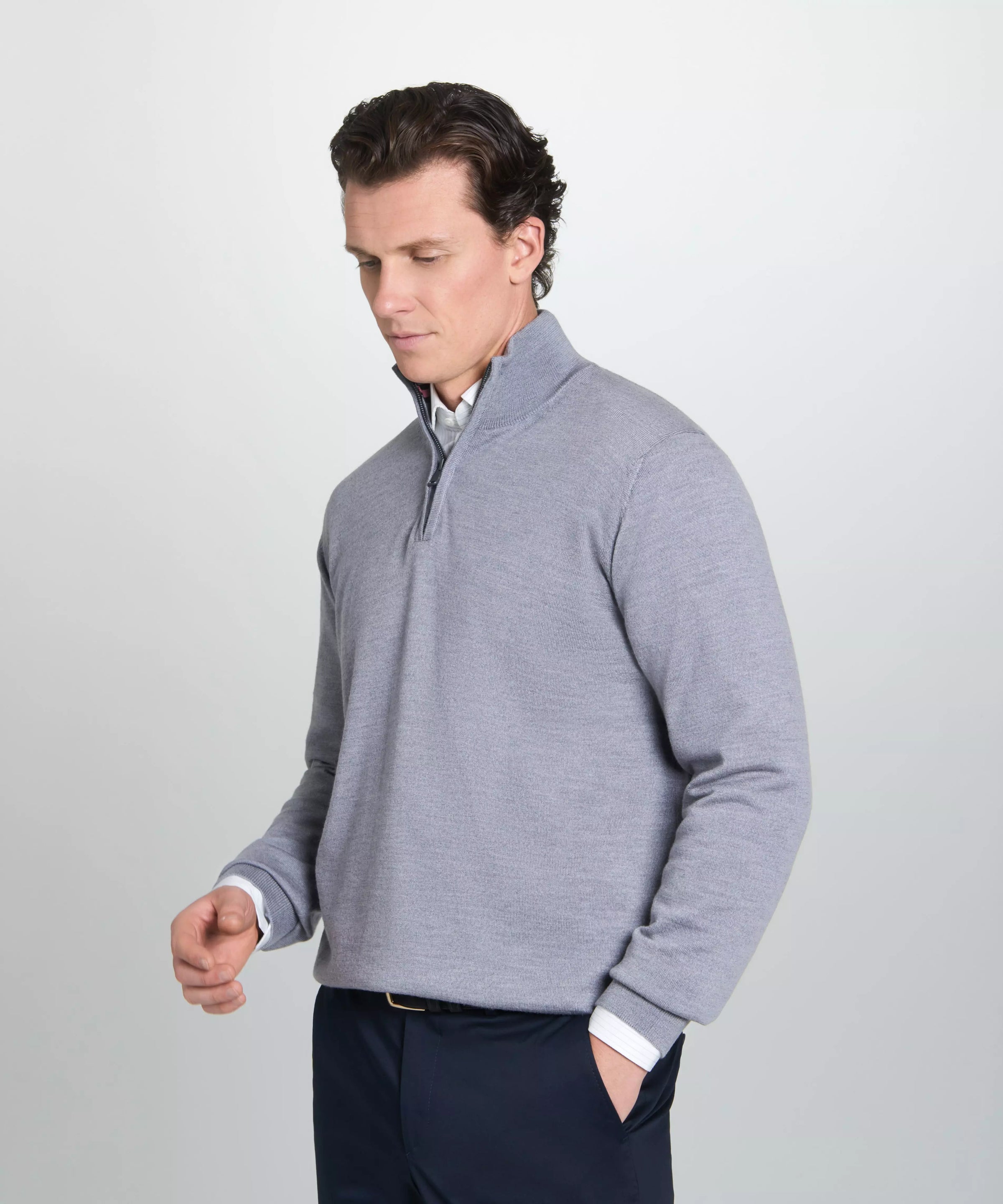 Pale Grey Merino Wool Zip Neck Sweater