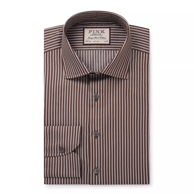 Brown & White Slim Fit Twin Stripe Formal Shirt