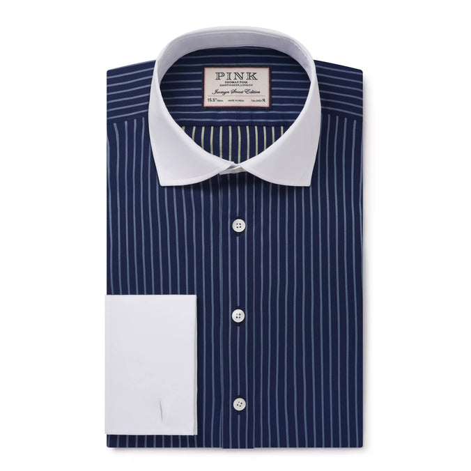 Navy & Blue Tailored Fit Double Cuff Rope Stripe Formal Shirt