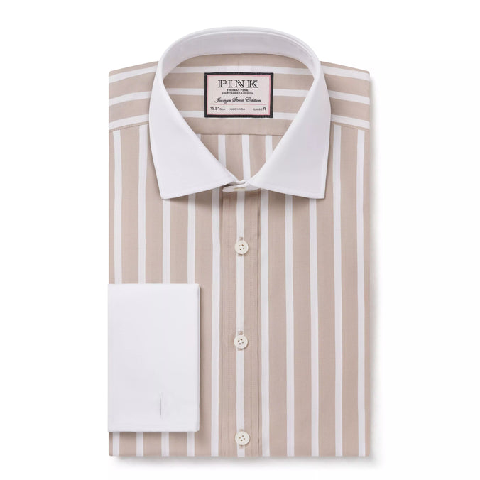 Beige & White Classic Fit Double Cuff Butcher Stripe Formal Shirt