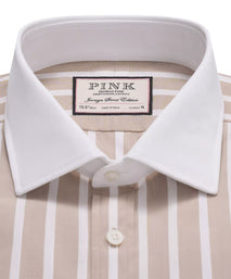 Beige & White Classic Fit Double Cuff Butcher Stripe Formal Shirt