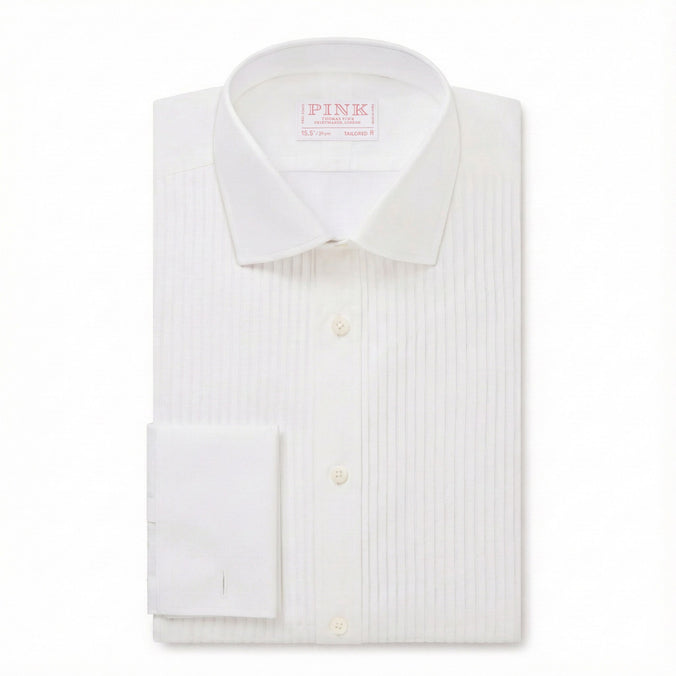 White Tailored Fit Double Cuff Pleat Front Poplin Evening Shirt